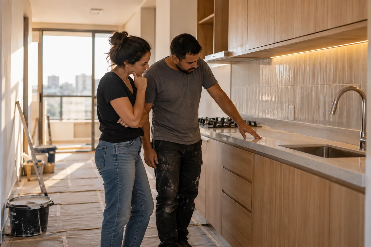 Profissional e cliente conferindo o acabamento de uma cozinha em reforma